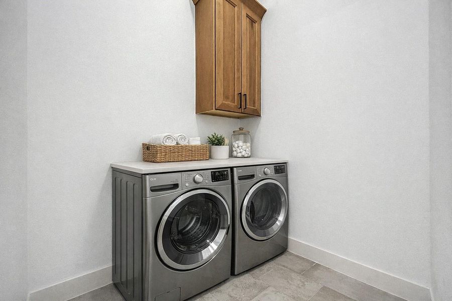 Functional, upper cabinetry, and added storage space.