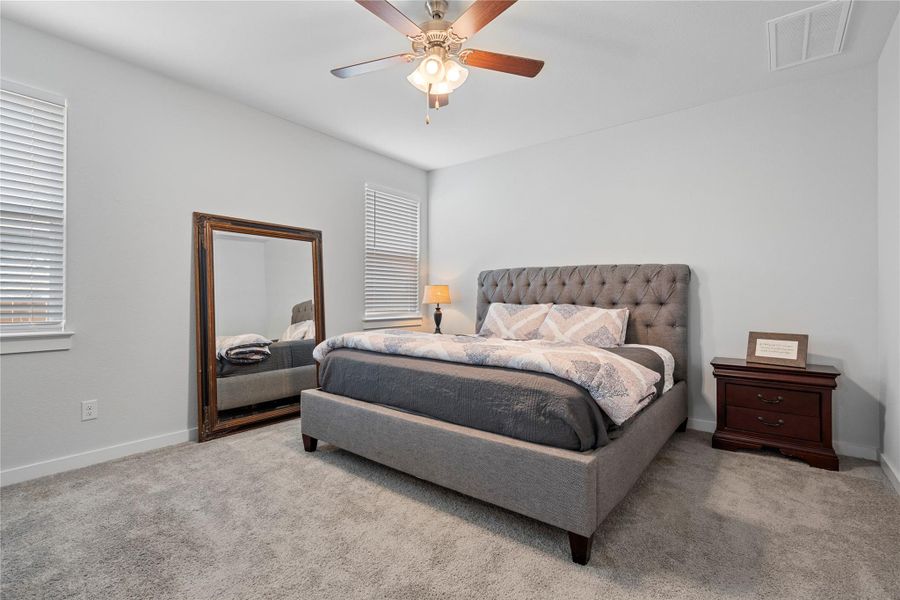 Carpeted bedroom featuring multiple windows, baseboards, and a ceiling fan Carpeted bedroom featuring multiple windows, baseboards, and a ceiling fan