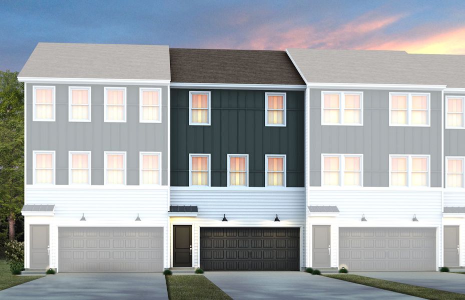 Front exterior of a new home in Huxley, Apex, NC, highlighting curb appeal (Image 1).