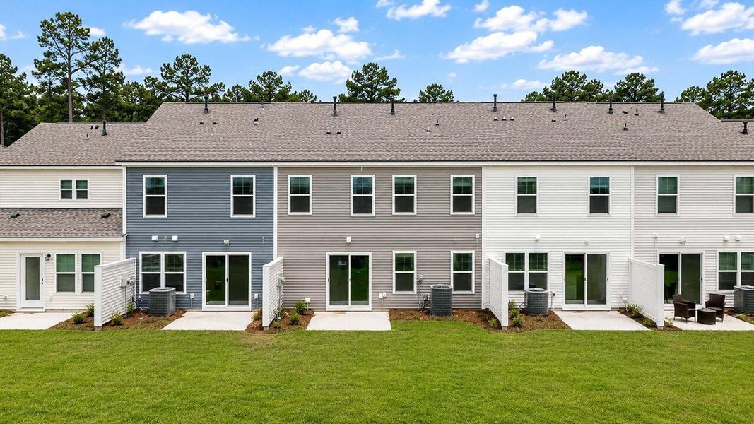 Exterior details and patio area of a home in Pine Hills Townhomes at Cane Bay, Summerville (Image 2).