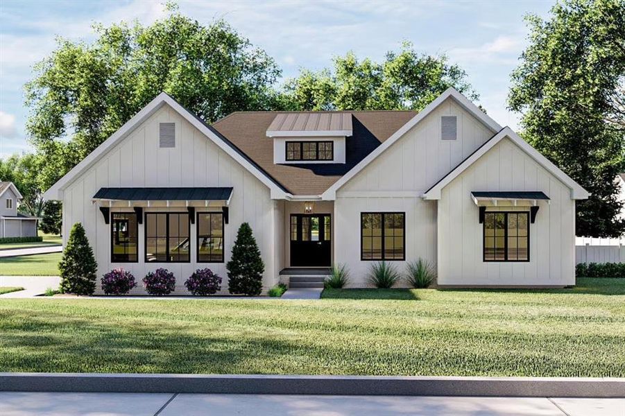 Modern farmhouse style home featuring a front lawn