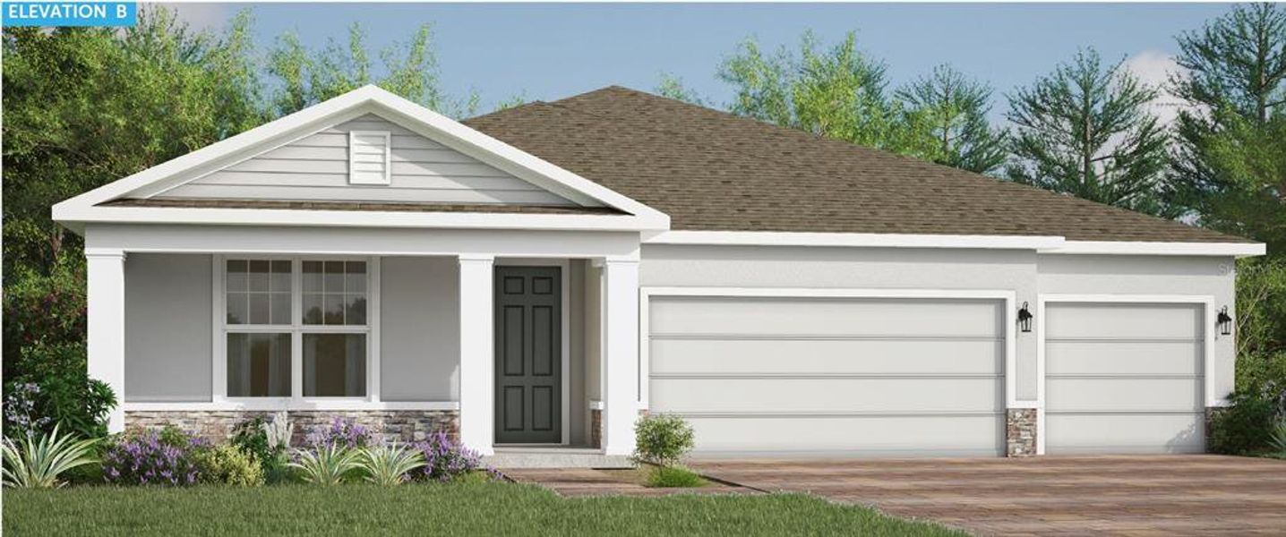 Front exterior of a new home in Eden Crest, Apopka, FL, highlighting curb appeal (Image 1). Front exterior of a new home in Eden Crest, Apopka, FL, highlighting curb appeal (Image 1).