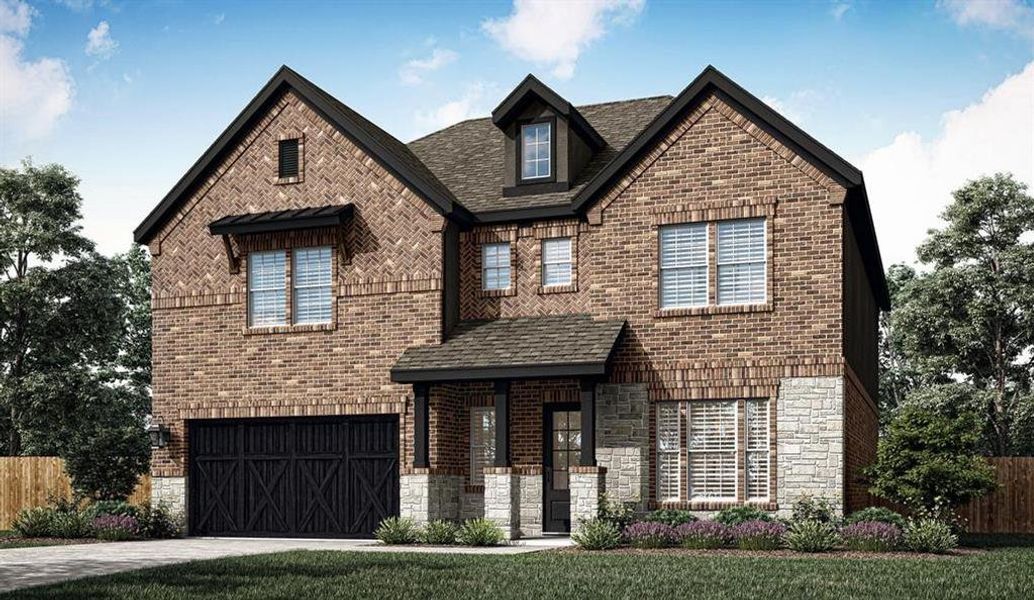 The Yale plan at The Colony is a beautiful two-story home with a long driveway, gorgeous cedar garage door, and lush front yard landscaping.