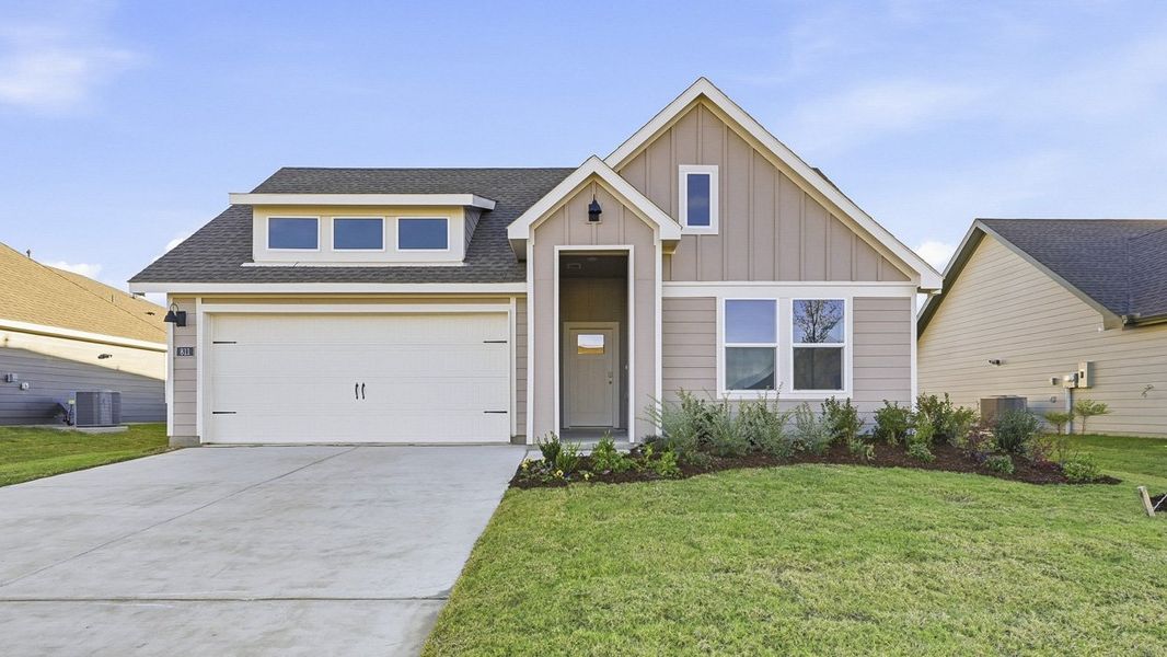 Front exterior of a new home in Windrose, Pilot Point, TX, highlighting curb appeal (Image 1). Front exterior of a new home in Windrose, Pilot Point, TX, highlighting curb appeal (Image 1).