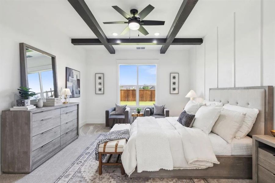 Bedroom with recessed lighting, carpet flooring, a ceiling fan, and coffered ceiling