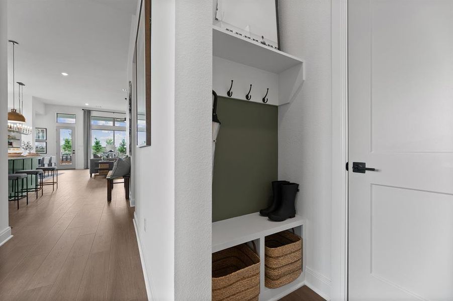Mudroom with dark wood-style flooring and recessed lighting Mudroom with dark wood-style flooring and recessed lighting