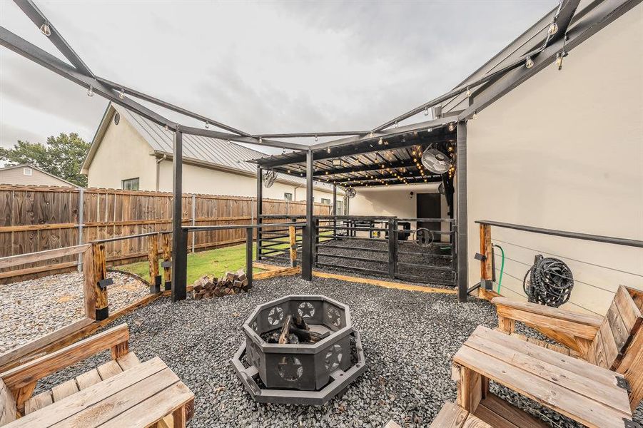 Fenced backyard with a patio and a fire pit Fenced backyard with a patio and a fire pit