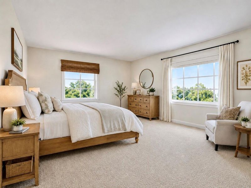 This upstairs secondary bedroom offers a comfortable layout with multiple windows that bring in natural light and plenty of room for a full bedroom furniture setup. The room also includes a nice-sized closet, adding practical storage and everyday functionality to the second floor. * Photo rendering shown as home is currently under construction | Final appearance may vary * This upstairs secondary bedroom offers a comfortable layout with multiple windows that bring in natural light and plenty of room for a full bedroom furniture setup. The room also includes a nice-sized closet, adding practical storage and everyday functionality to the second floor. * Photo rendering shown as home is currently under construction | Final appearance may vary *