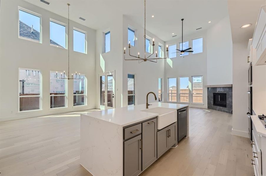 Kitchen with light hardwood / wood-style flooring, stainless steel appliances, a high end fireplace, sink, and decorative light fixtures