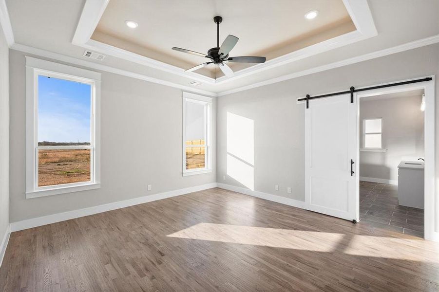 Empty room featuring dark wood-type flooring, a raised ceiling, and a wealth of natural light