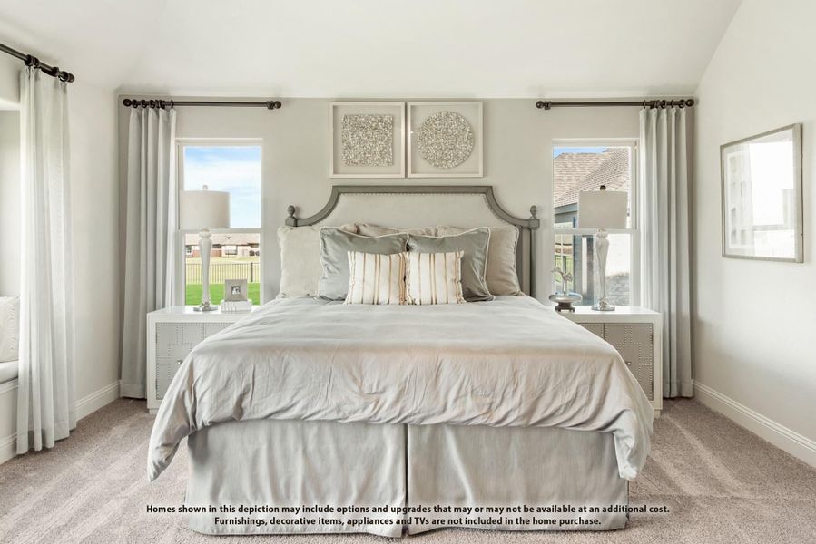 Bedroom with upholstered headboard, gray bedding, two nightstands, and windows with white curtains Bedroom with upholstered headboard, gray bedding, two nightstands, and windows with white curtains