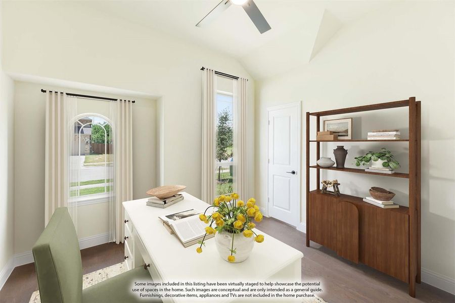 Home office with vaulted ceiling, white desk, wood shelving unit, and arched window with natural light. Home office with vaulted ceiling, white desk, wood shelving unit, and arched window with natural light.