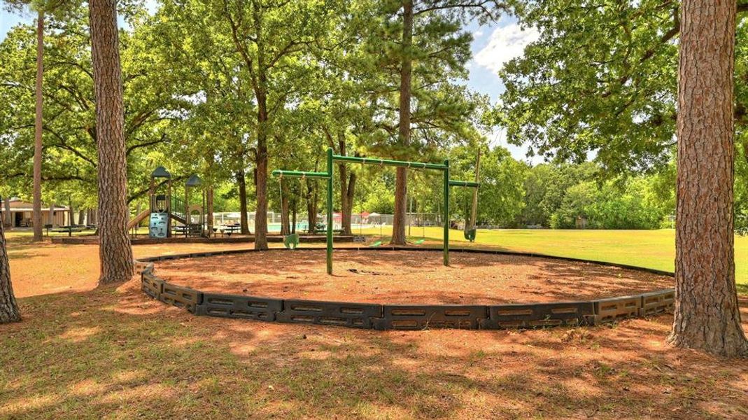 Great-sized playground for the entire family to enjoy outdoors, nestled among mature pine trees.