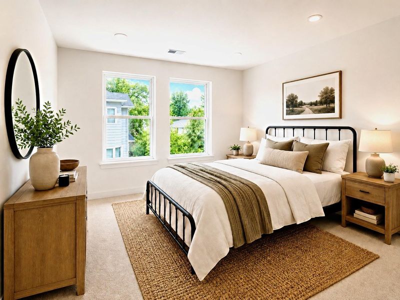 This upstairs secondary bedroom offers a comfortable layout with multiple windows that bring in natural light and plenty of room for a full bedroom furniture setup. The room also includes a nice-sized closet, adding practical storage and everyday functionality to the second floor. * Photo rendering shown as home is currently under construction | Final appearance may vary *