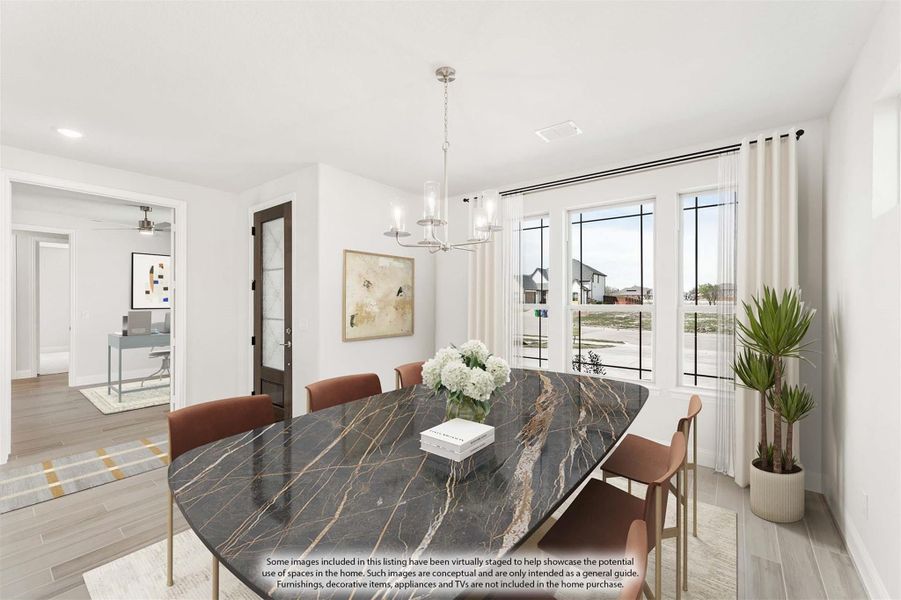 Dining room with dark marble table, brown chairs, chandelier, and large windows with natural light Dining room with dark marble table, brown chairs, chandelier, and large windows with natural light
