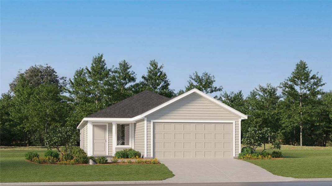 Single story home featuring a garage and a front lawn