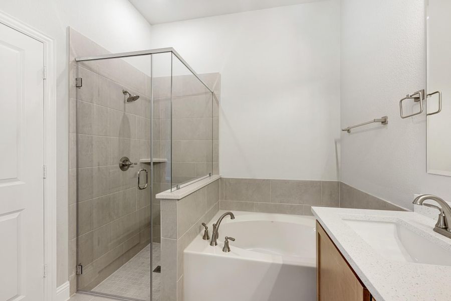 Bathroom with glass-enclosed tile shower, soaking tub, and white quartz vanity countertop