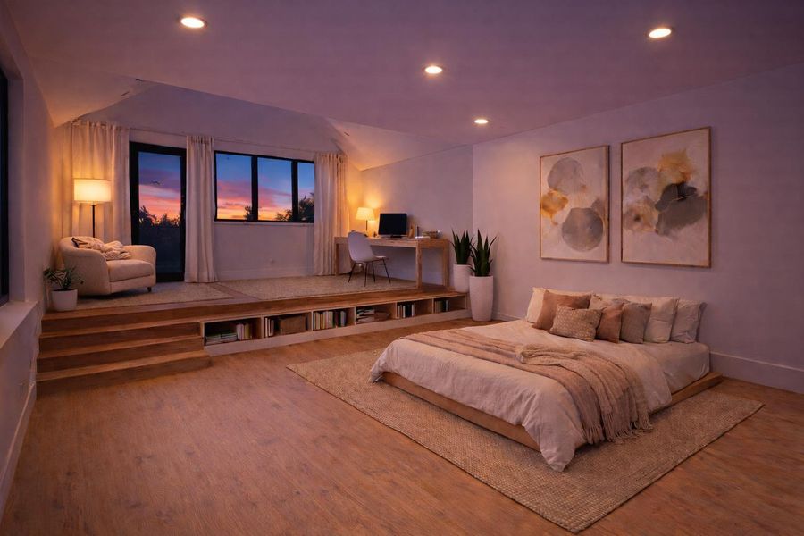 Generous primary suite designed for comfort and relaxation, with space for a sitting area or workspace and private balcony access for a quiet retreat.