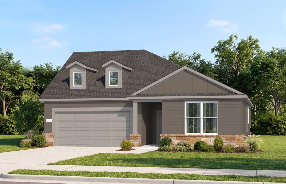 Representative exterior photo of a completed home built from the Parker by Pulte Homes in Saddleback at Santa Rita Ranch, Liberty Hill, TX (Image 12).