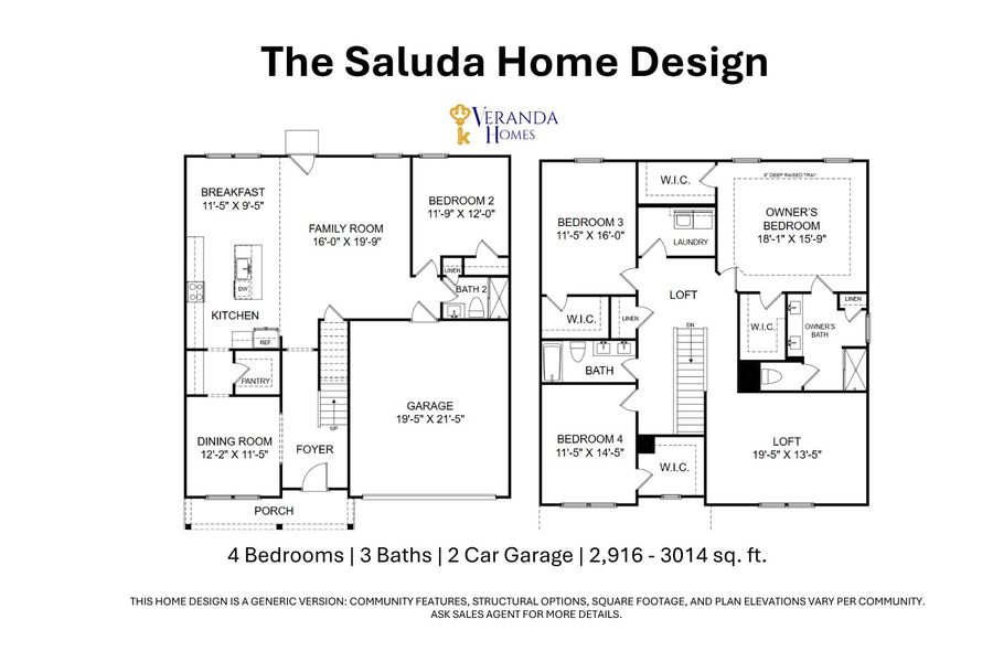 2D floor plan layout for the Saluda by Veranda Homes in Southern Column Estates, Florence, SC (Image 3).