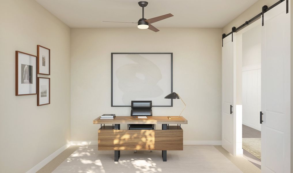 Private home office with double barn doors Private home office with double barn doors