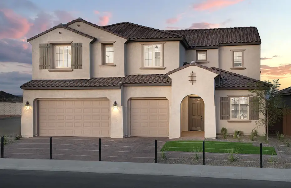 Front exterior of a new home in Visara, Surprise, AZ, highlighting curb appeal (Image 1). Front exterior of a new home in Visara, Surprise, AZ, highlighting curb appeal (Image 1).