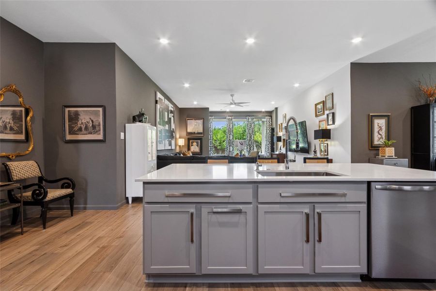 View from behind the island towards the den