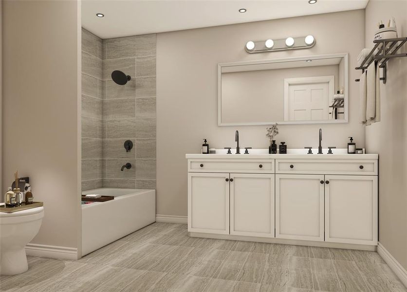 Primary bathroom. Spa-like retreat with a quartz-topped custom vanity with dual sinks. Beautiful tiles, elegant fixtures and high-arc faucets. Indulge and relax in the upgraded bathtub after a long day of hard work. Example photo, virtually staged