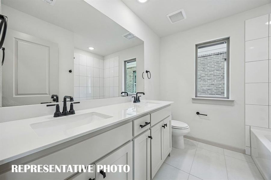 With vanity space for two, friends and family will feel right at home in this thoughtfully designed guest bath.  REPRESENTATIVE PHOTO