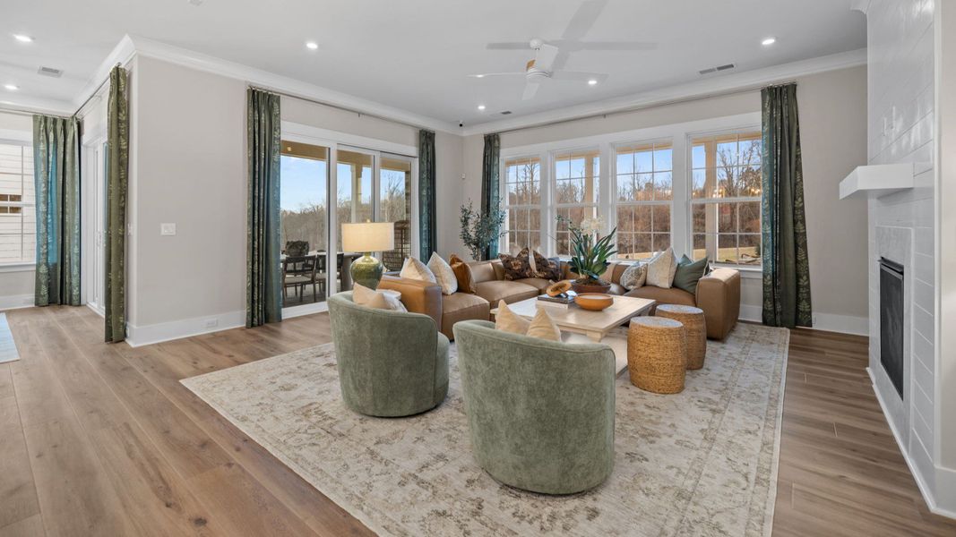 The Inspire Plan by DBR Homes spacious living area with fireplace in Fort Mill, SC.