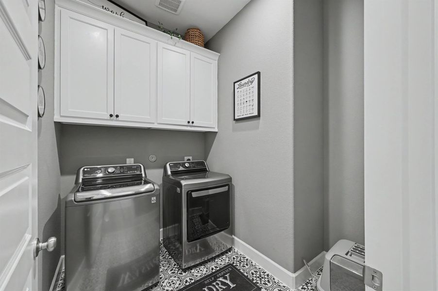 Wow, let's talk about this laundry room! Soft gray walls, decorative floor tile and 42" upper cabinets make laundry days easy and fun! The space to the right could fit a small refrigerator or freezer. Wow, let's talk about this laundry room! Soft gray walls, decorative floor tile and 42" upper cabinets make laundry days easy and fun! The space to the right could fit a small refrigerator or freezer.