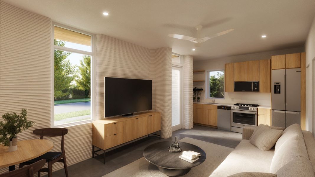 Representative furnished interior of a home built from the Bungalow by ICON Technology in Mueller, Austin (Image 5). Representative furnished interior of a home built from the Bungalow by ICON Technology in Mueller, Austin (Image 5).