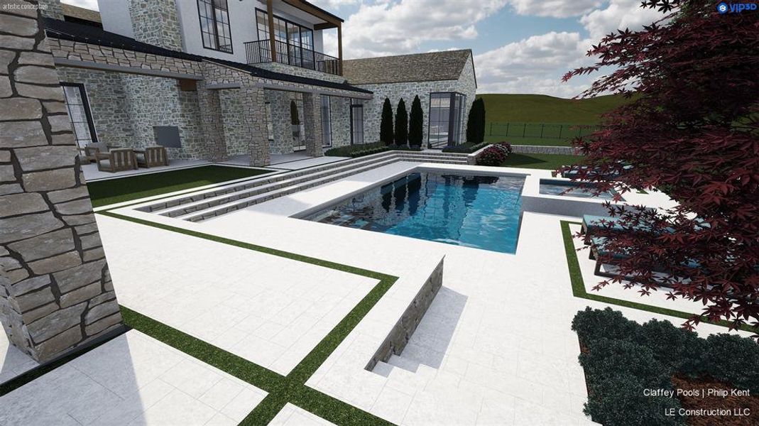 Expansive outdoor living area featuring a rectangular pool and integrated spa Expansive outdoor living area featuring a rectangular pool and integrated spa