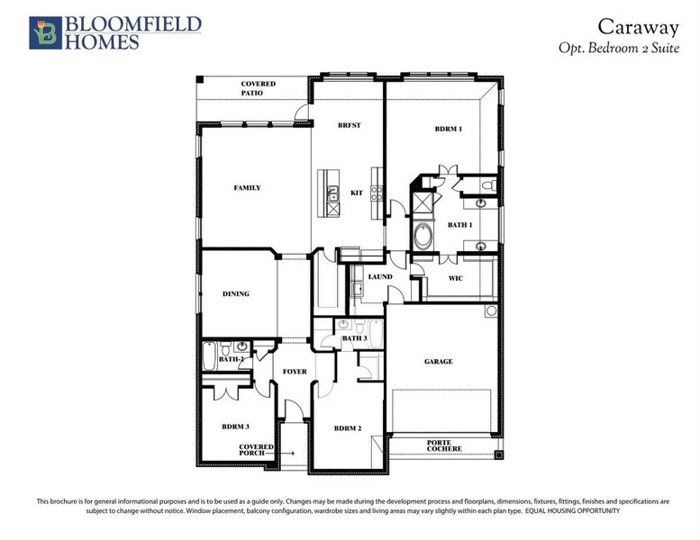 Bloomfield Homes Caraway floor plan with optional bedroom 2 suite, showing 3 bedrooms, kitchen, family room, and garage. Bloomfield Homes Caraway floor plan with optional bedroom 2 suite, showing 3 bedrooms, kitchen, family room, and garage.