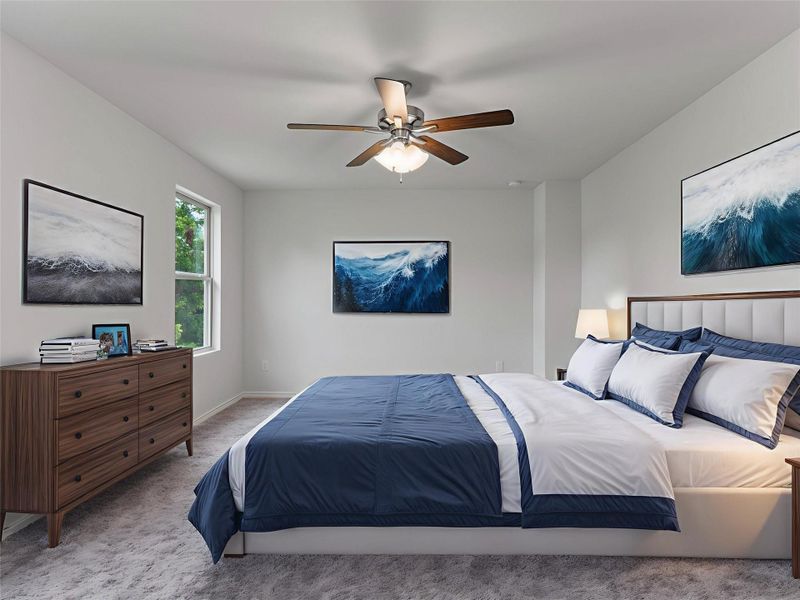 Spacious master bedroom featuring plush carpeting and a ceiling fan for comfort, virtually staged to inspire.