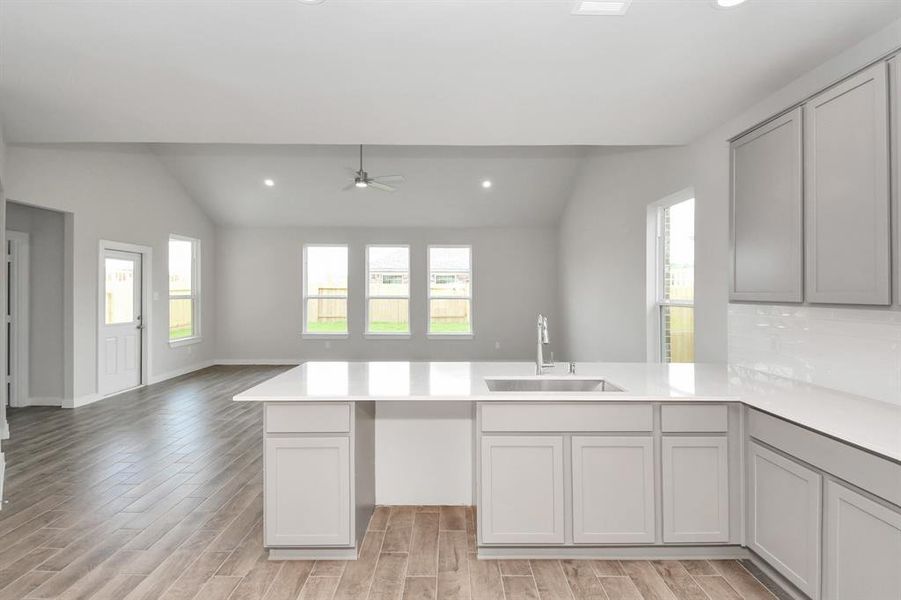 All of this overlooks your expansive family room, creating a perfect space for culinary delights and family gatherings. Sample photo of completed home with same plan. Actual colors and selections may vary.