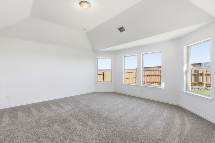 Empty room featuring carpet floors and lofted ceiling