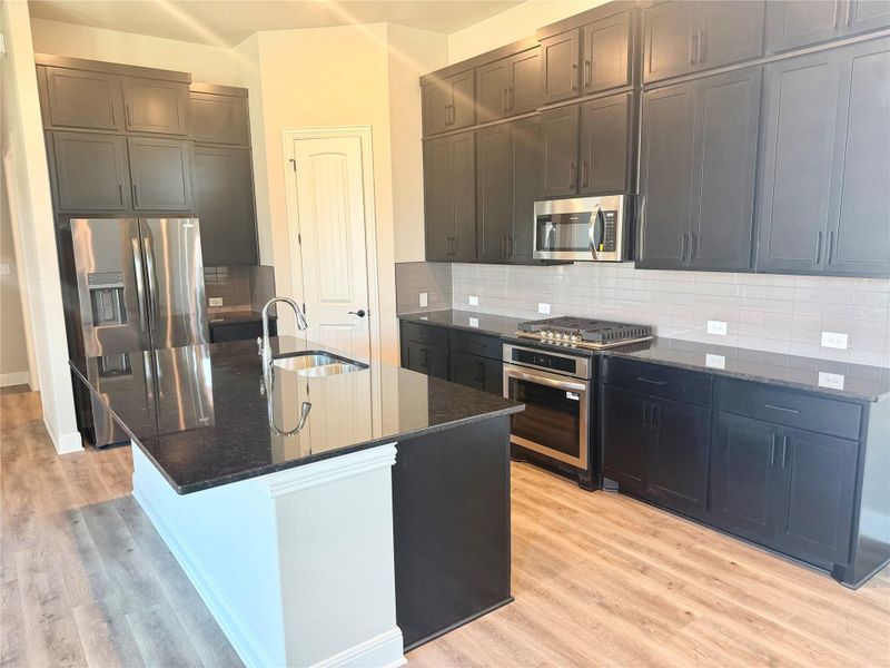 Kitchen with dark stone countertops, stainless steel appliances, light wood-type flooring, an island with sink, and tasteful backsplash Kitchen with dark stone countertops, stainless steel appliances, light wood-type flooring, an island with sink, and tasteful backsplash