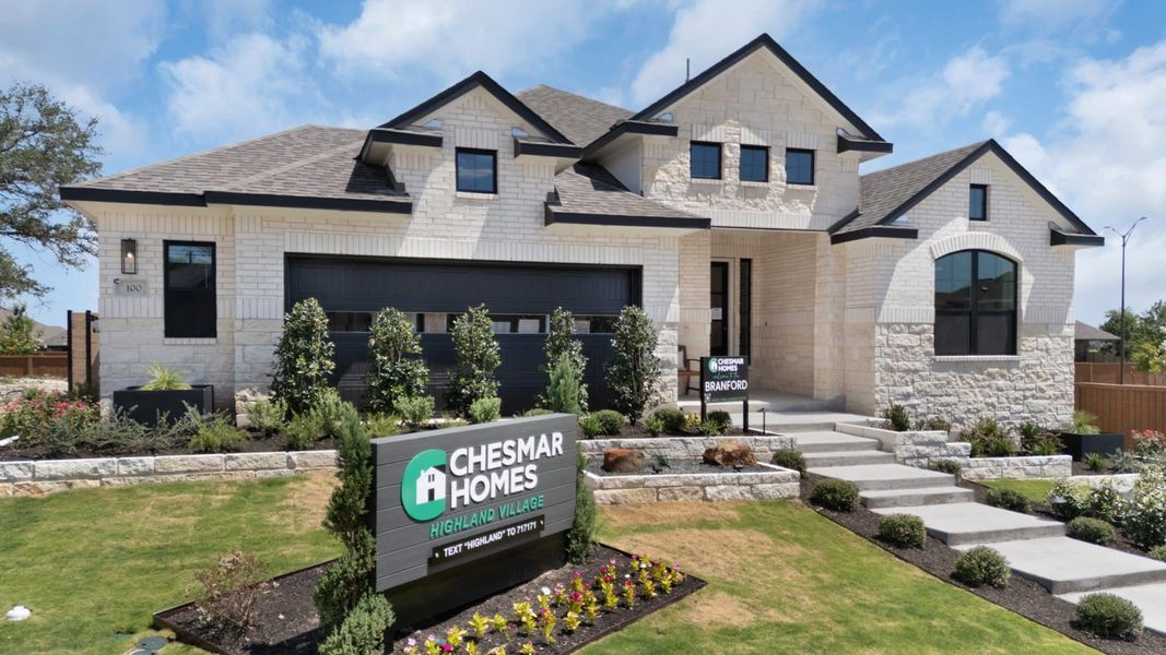 Front exterior of a new home in Highland Village, Georgetown, TX, highlighting curb appeal (Image 32). Front exterior of a new home in Highland Village, Georgetown, TX, highlighting curb appeal (Image 32).