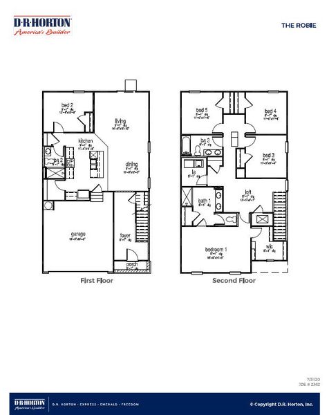 2D floor plan layout for the ROBIE by D.R. Horton in Lakeview at Kitfield, Moncks Corner, SC (Image 3).