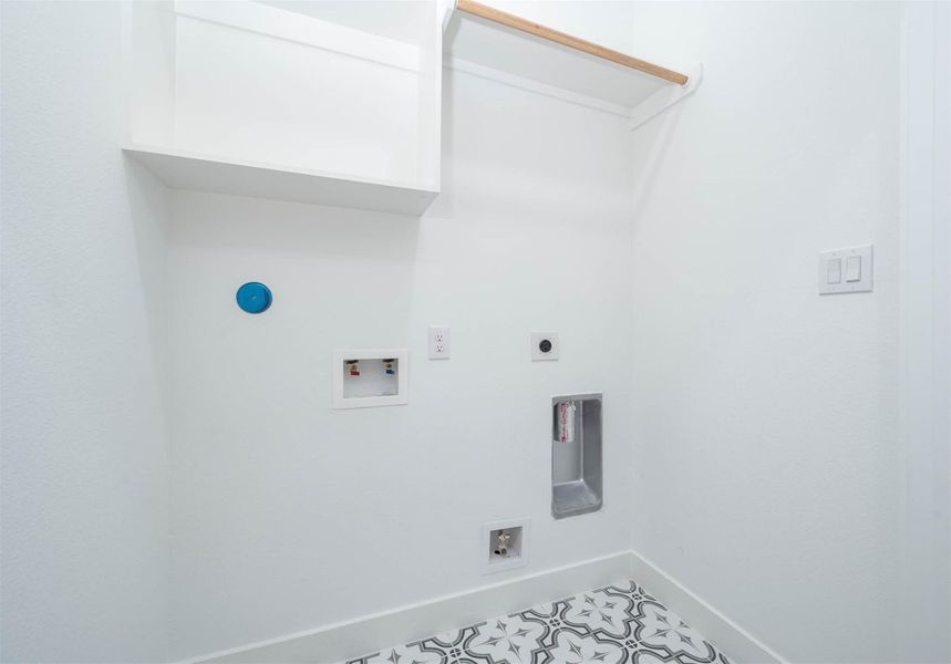 Convenient laundry area with built-in hookups and storage space designed for everyday functionality.