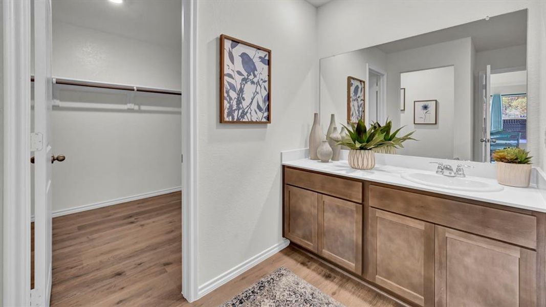 Bathroom with vanity, a walk in closet, light wood-style floors, and recessed lighting