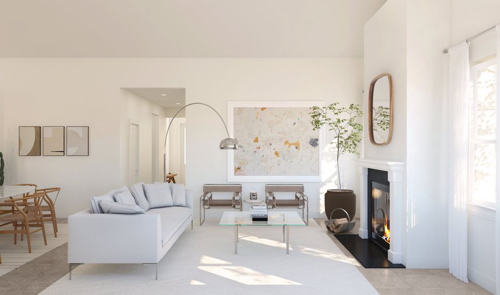 Great room with vaulted ceiling and fireplace