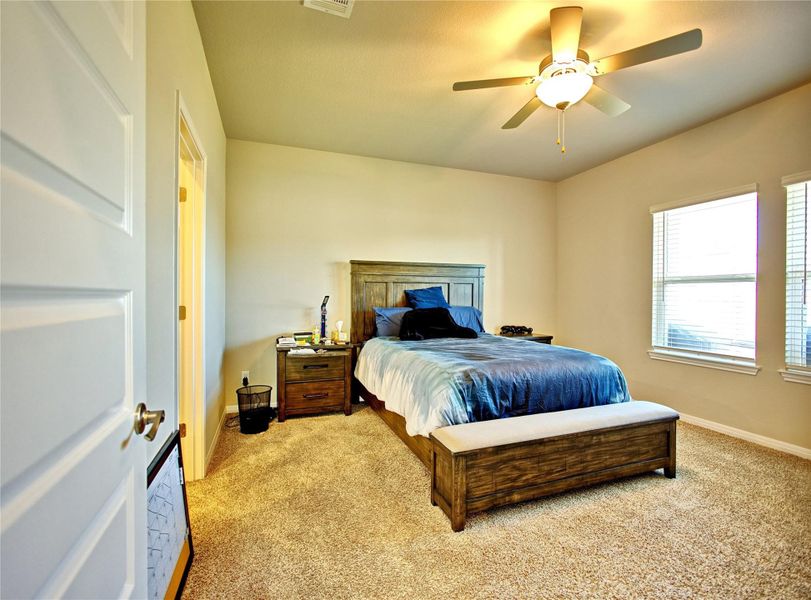 Bedroom with light carpet and a ceiling fan Bedroom with light carpet and a ceiling fan