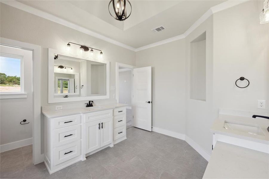 Bathroom featuring ornamental molding and vanity