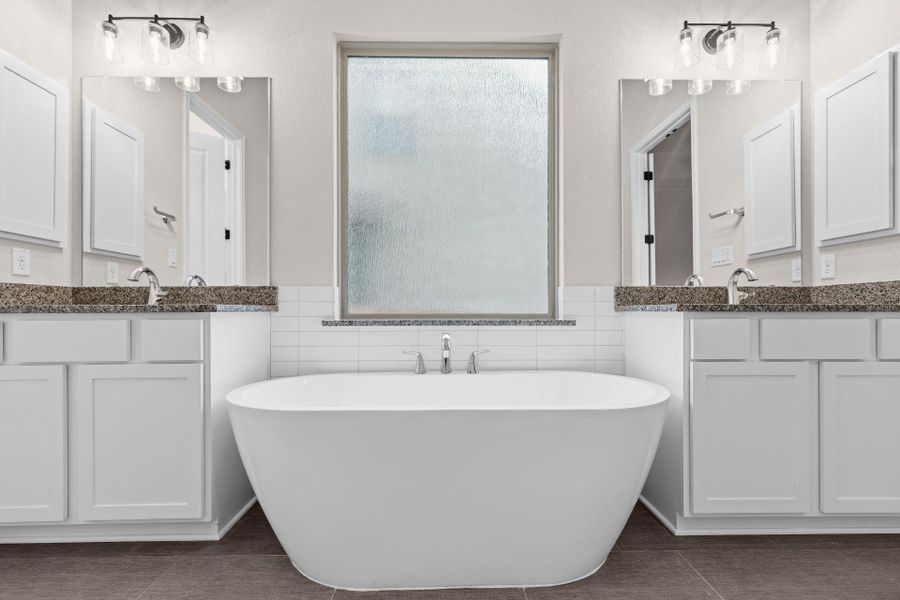 Primary Bath retreat with dual vanities & soaking tub