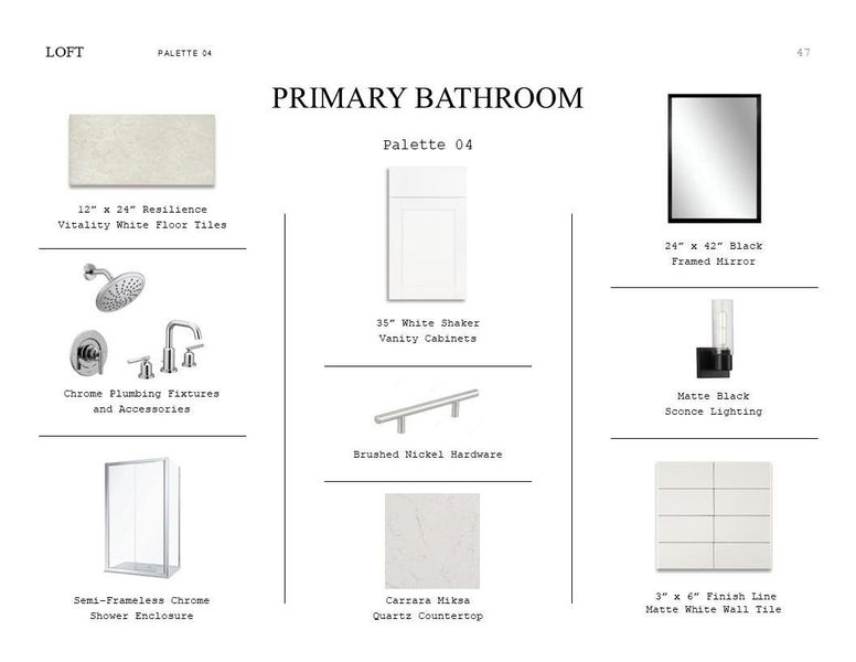 Loft Look Palette 4: Primary Bathroom Selection Sheet (*Artist rendering used for illustration purposes only.)