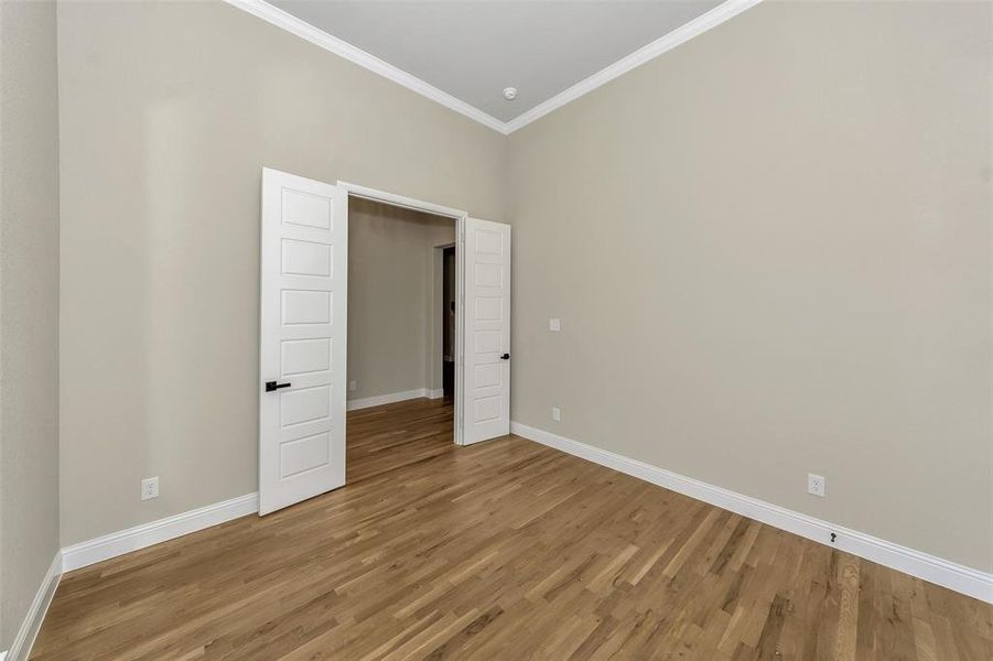 Spare room with wood-type flooring and crown molding