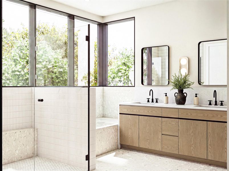 A minimalist double vanity sits opposite a glass-enclosed shower under tall corner windows.