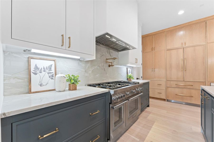 Thermador built-in appliances and quartzite countertop and backsplashes with pot filler